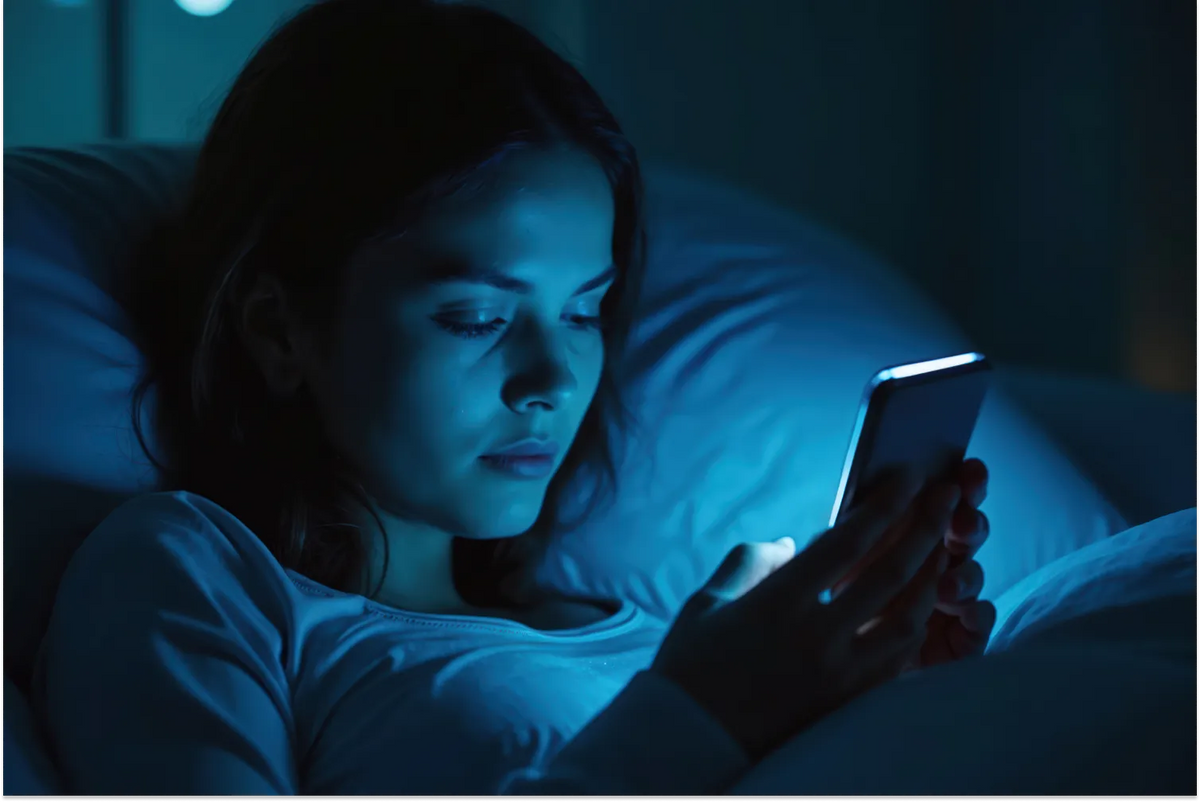 A woman lies in bed at night using smartphone. Blue light from screen illuminates her face. She seems tired, relaxed, and engaged with device. Dark room, pillow, and blanket are around her