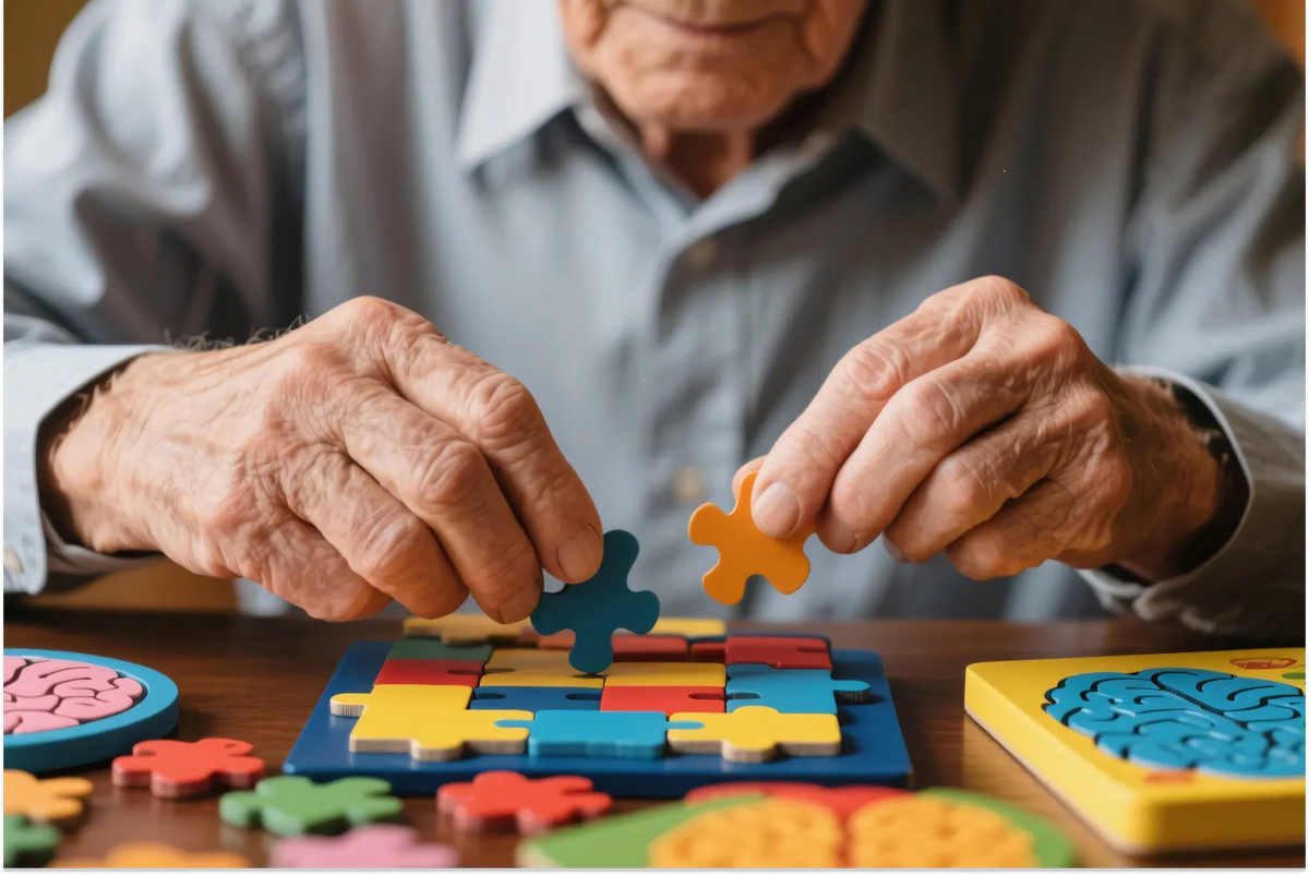 Senior man engaging with a colorful brain game set, supporting cognitive flexibility and active problem-solving.