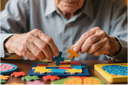 Senior man engaging with a colorful brain game set, supporting cognitive flexibility and active problem-solving.