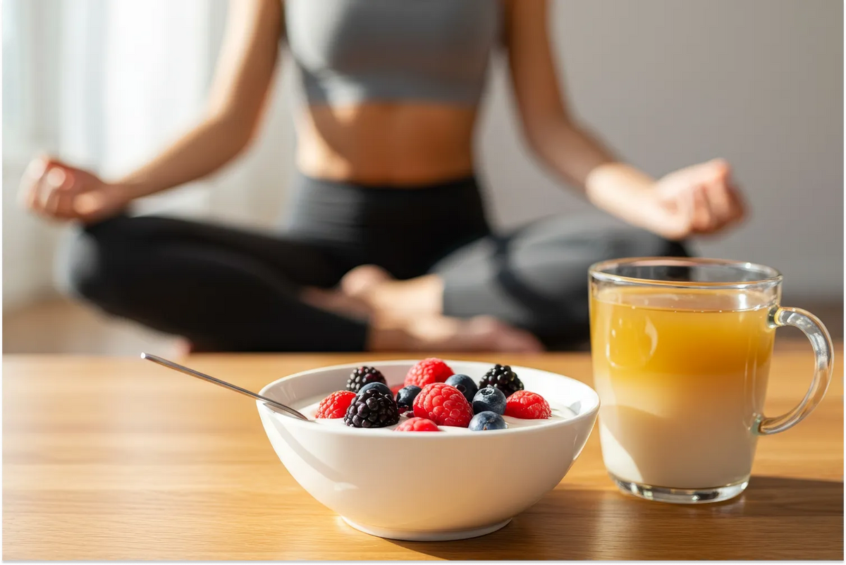 Woman practicing morning yoga beside a bowl of probiotic yogurt with fresh berries and a cup of tea on a wooden table