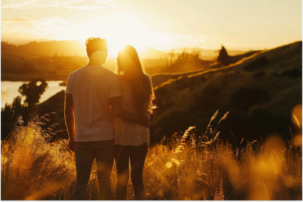 In the rays of sunlight a couple stands close together backs facing the sunlight as they share a quiet moment together to get the vitamin benefits.
