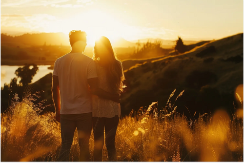 In the rays of sunlight a couple stands close together backs facing the sunlight as they share a quiet moment together to get the vitamin benefits.