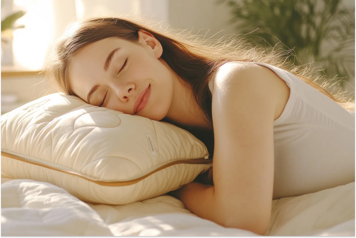 A young woman sleeping peacefully in sunlight bedroom