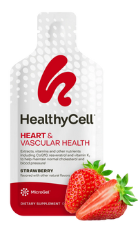 Dietary supplement package for heart and vascular health with a strawberry flavor, featuring the HealthyCell brand.