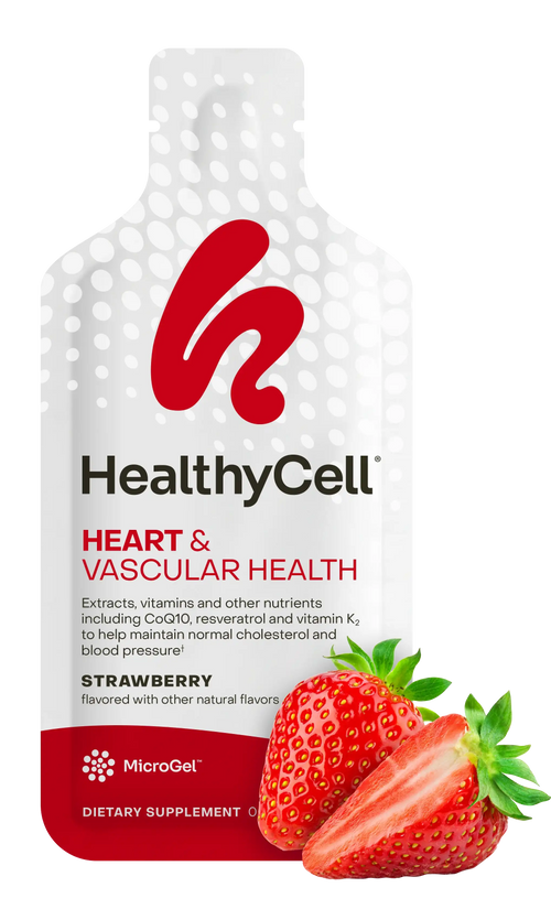 Dietary supplement package for heart and vascular health with a strawberry flavor, featuring the HealthyCell brand.