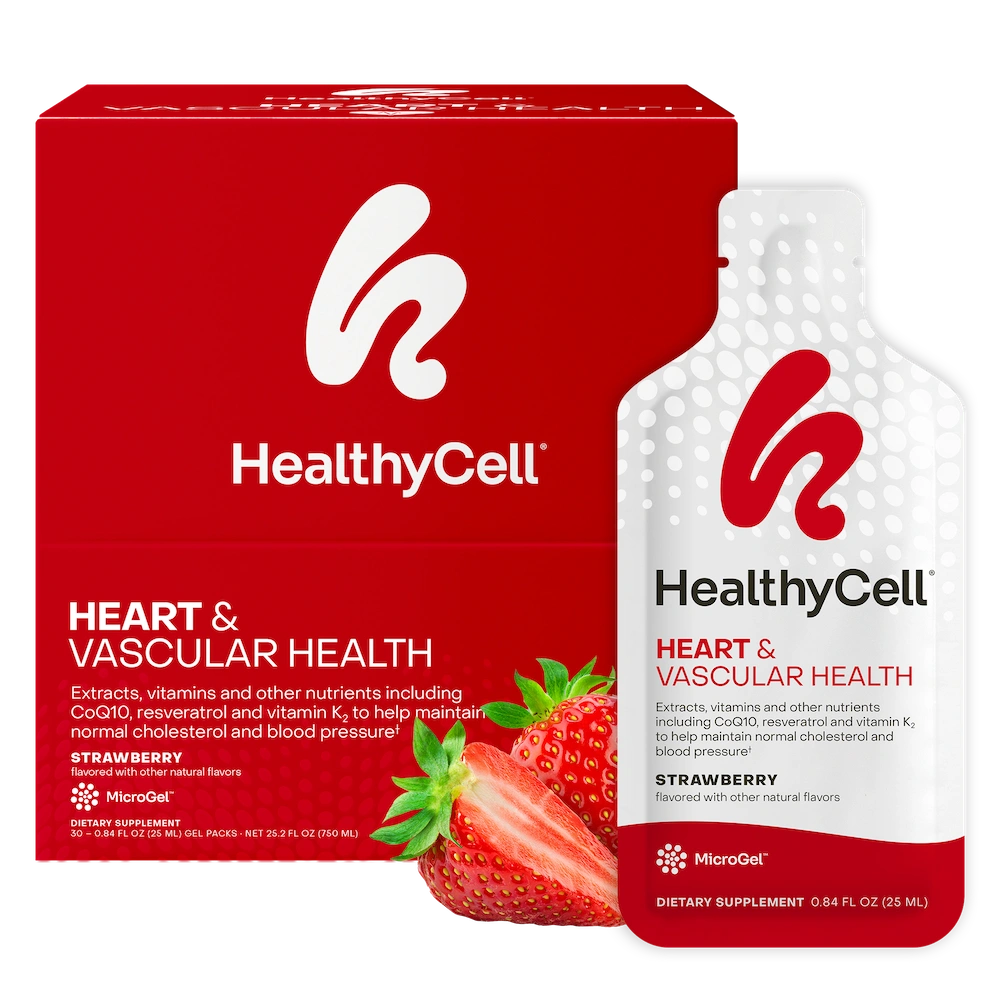 HealthyCell heart and vascular health supplement packaging with red box and white bottle on a white background