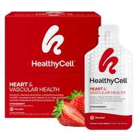 HealthyCell heart and vascular health supplement packaging with red box and white bottle on a white background