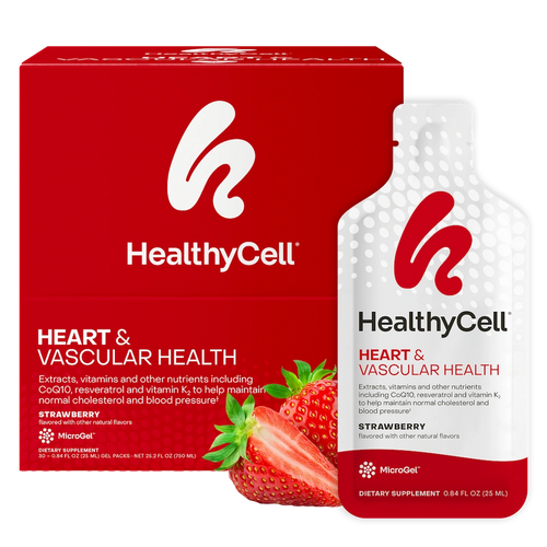 HealthyCell heart and vascular health supplement packaging with red box and white bottle on a white background