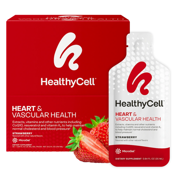 HealthyCell heart and vascular health supplement packaging with red box and white bottle on a white background