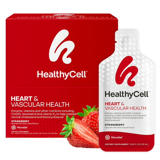 HealthyCell heart and vascular health supplement packaging with red box and white bottle on a white background