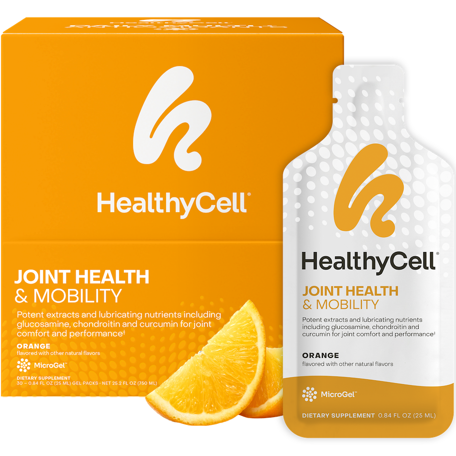 HealthyCell joint health supplement packaging with orange flavor indication