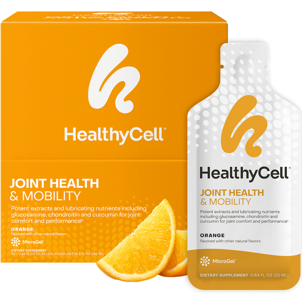 HealthyCell joint health supplement packaging with orange flavor indication