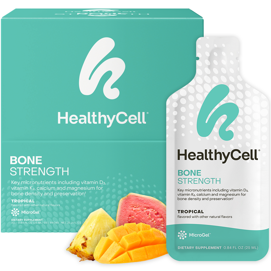 HealthyCell bone strength supplement packaging with tropical fruit illustration on a white background