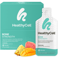 HealthyCell bone strength supplement packaging with tropical fruit illustration on a white background