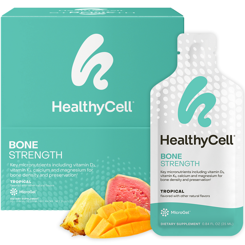 HealthyCell bone strength supplement packaging with tropical fruit illustration on a white background