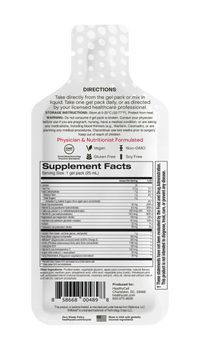 The back of a white gel pack pouch showing detailed product information, including directions, storage instructions, a large Supplement Facts label, and a barcode, on a plain white background.