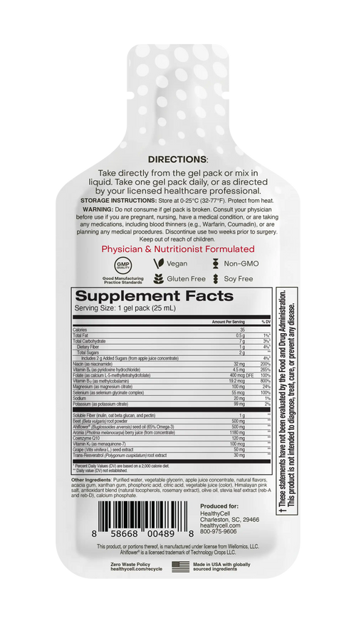 The back of a white gel pack pouch showing detailed product information, including directions, storage instructions, a large Supplement Facts label, and a barcode, on a plain white background.