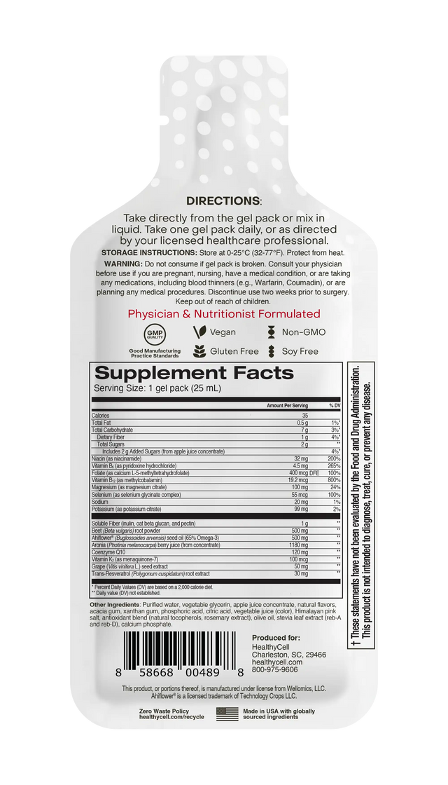 The back of a white gel pack pouch showing detailed product information, including directions, storage instructions, a large Supplement Facts label, and a barcode, on a plain white background.