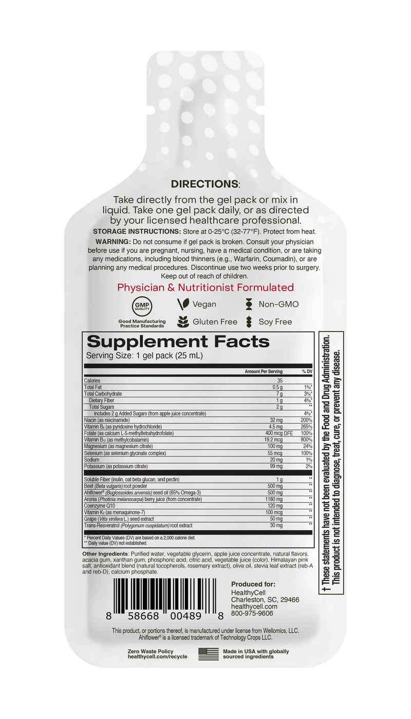 The back of a white gel pack pouch showing detailed product information, including directions, storage instructions, a large Supplement Facts label, and a barcode, on a plain white background.